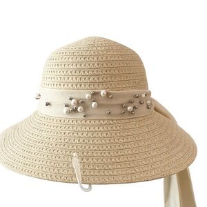 Elegant Pearl-Embellished Wide Brim Sun Hat - Cream